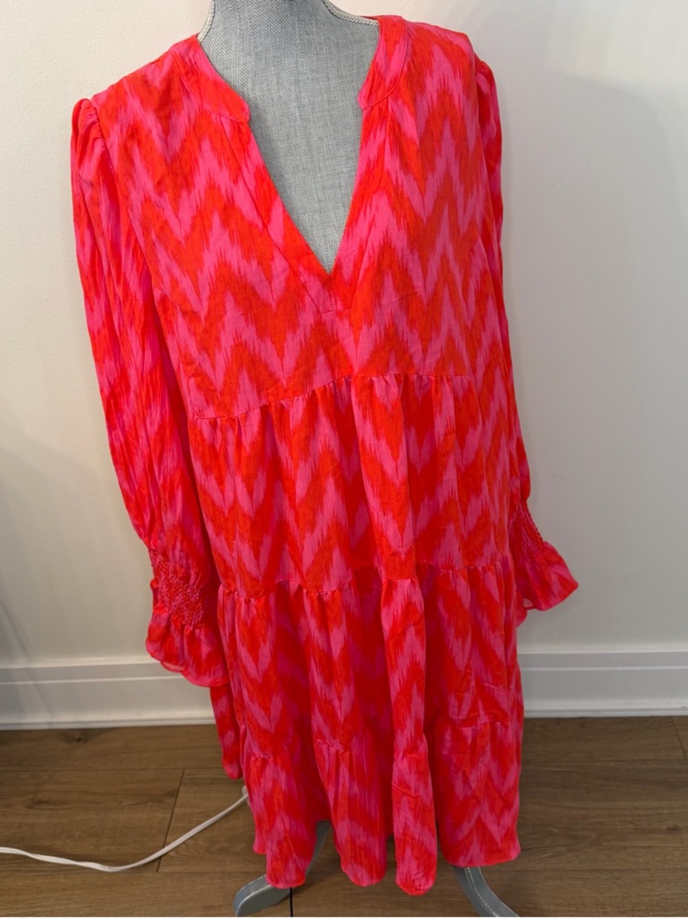 Pomander Place Pink & Red V-Neck Tiered Long-Sleeve Dress, XXXL